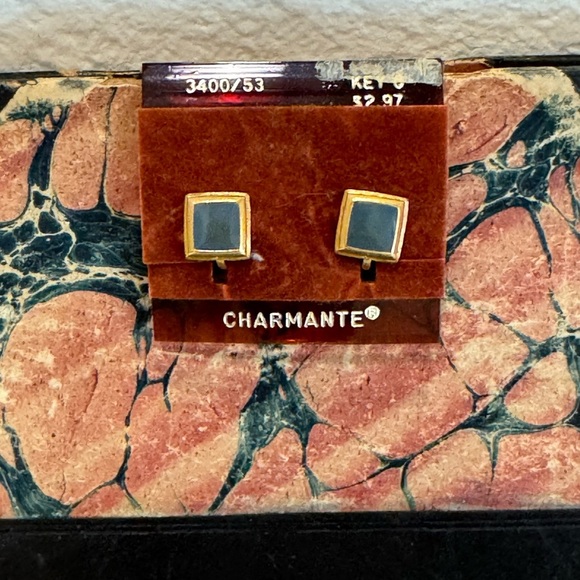 charmante Jewelry - Vintage Charmante Gold and Green Square Clip On Earrings